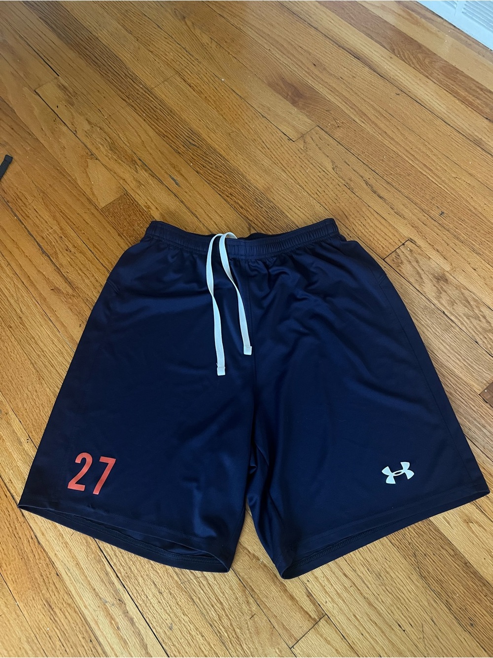 Under Armour Navy Blue Athletic Shorts with White Drawstring